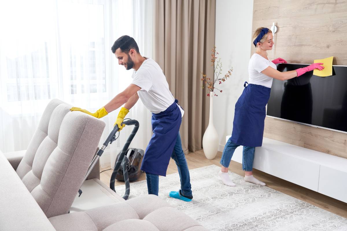 professional cleaners blue uniform washing floor wiping dust from furniture living room apartment cleaning service concept